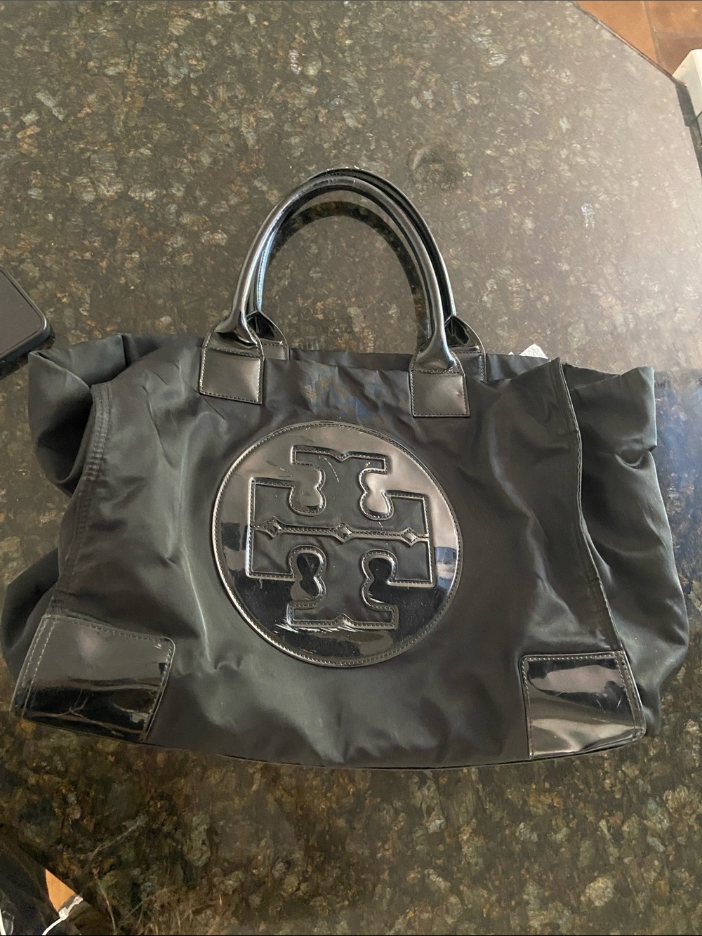 Tory Burch Black Nylon Tote with Patent Logo Patch